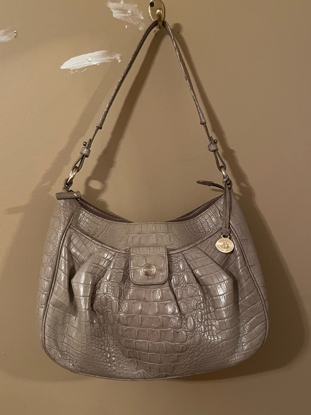 Brahmin Croc-Embossed Shoulder Bag in Taupe Gray